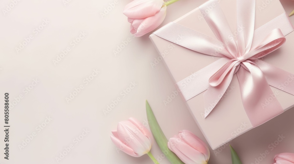 Pink Gift Box With Tulips and Bow Pink Gift Box With Tulips and Bow