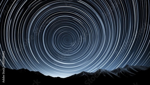 y Long exposure of star trails in the night sky, spiraling dynamically against a deep black
