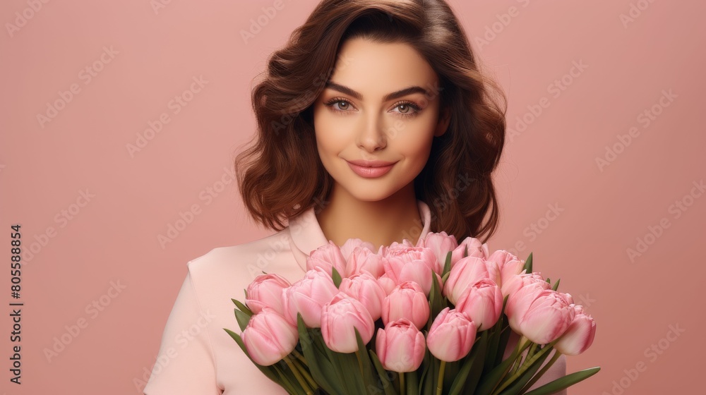 Woman Holding Bouquet of Pink Tulips