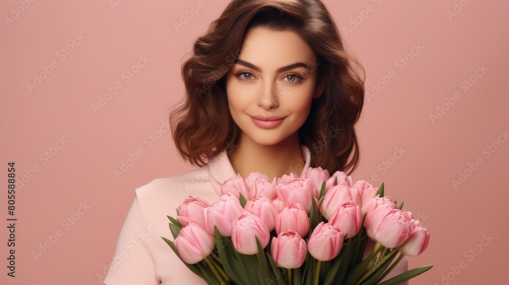 Woman Holding Bouquet of Pink Tulips Woman Holding Bouquet of Pink Tulips