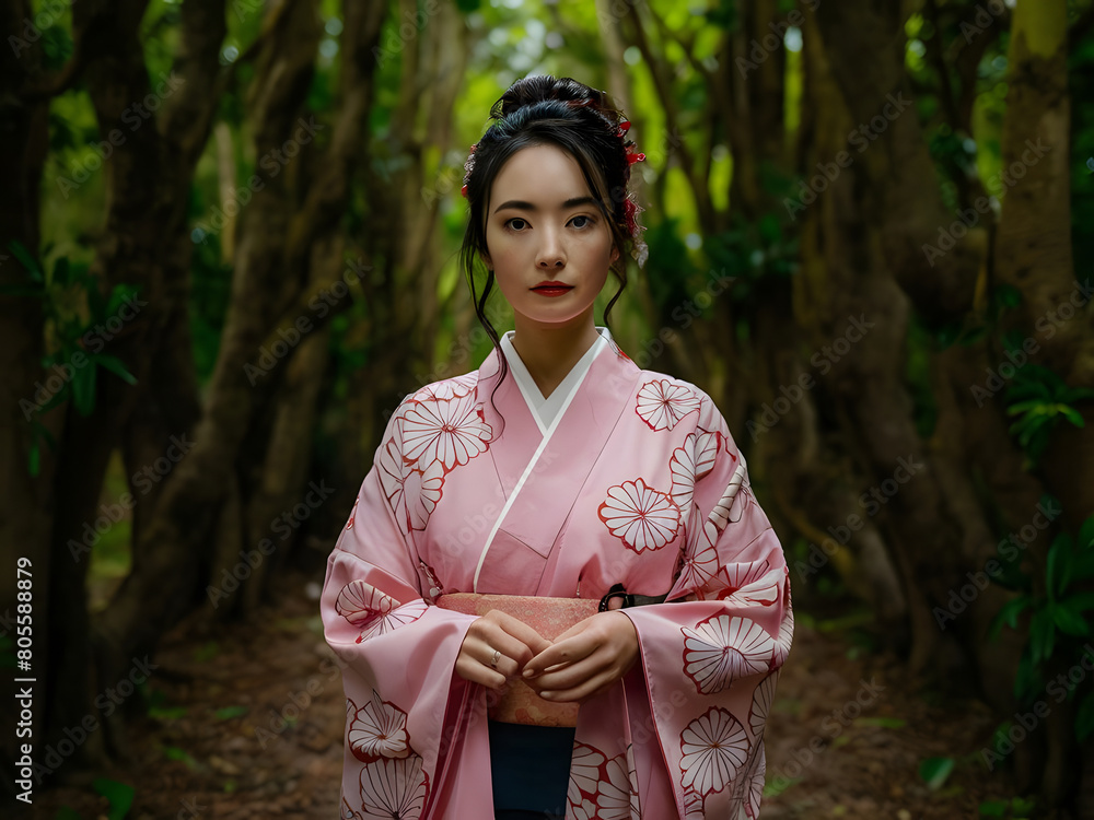 Mujer japonesa usando kimono rosado