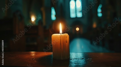 A close-up shot of a single flickering candle flame in a darkened church, symbolizing faith and hope