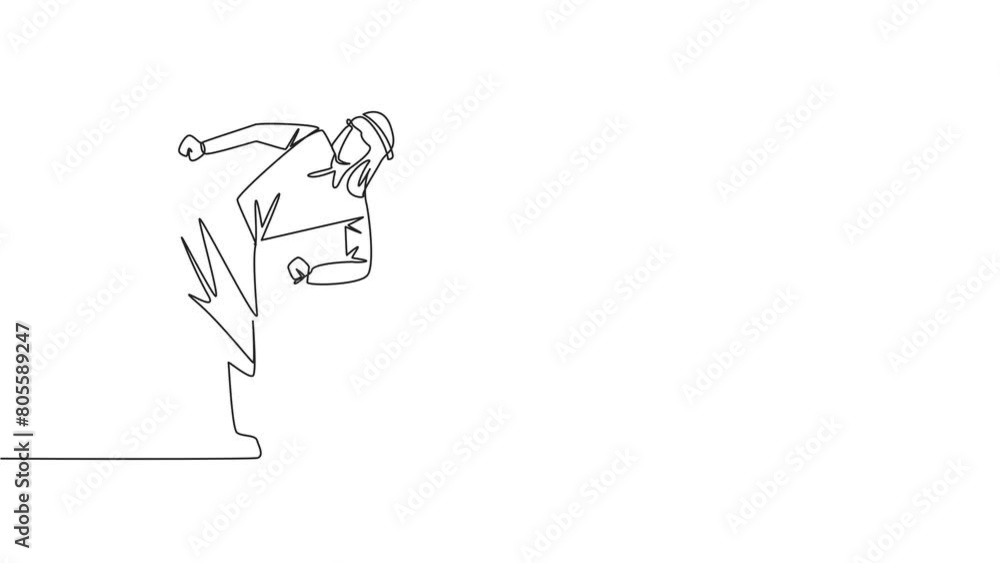 Self drawing animation of single line drawing Arabian businessman doing taekwondo movements. Kicking motion. Strong legs. Keeping business with sport. Keep healthy stay strong. Full length animated Self drawing animation of single line drawing Arabian businessman doing taekwondo movements. Kicking motion. Strong legs. Keeping business with sport. Keep healthy stay strong. Full length animated