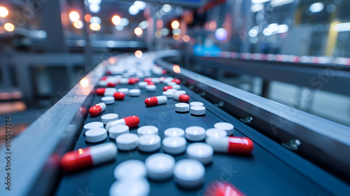 Industrial pharmaceuticals with colourful capsules on conveyor belt