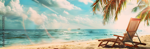 Beach chair organizer web banner. Beach chair organizer isolated on tropical background with space for text. photo