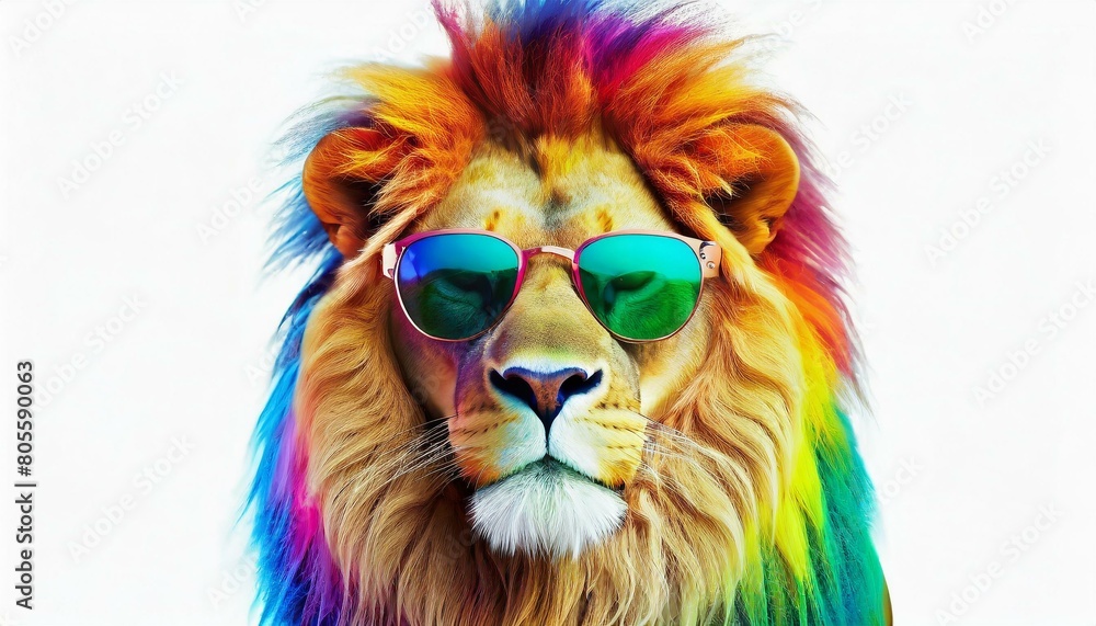 cartoon colorful lion with sunglasses on white background