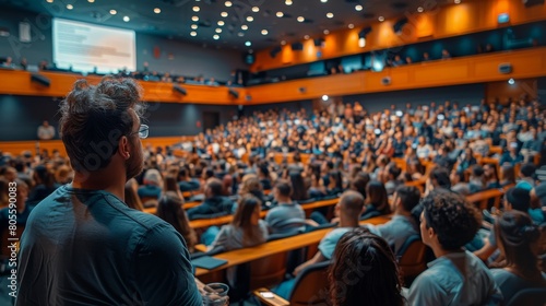Man Sitting In Front Of Packed Auditorium