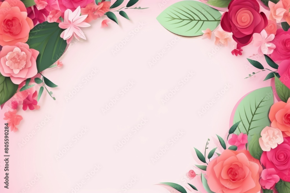 Pink Background With Flowers and Leaves