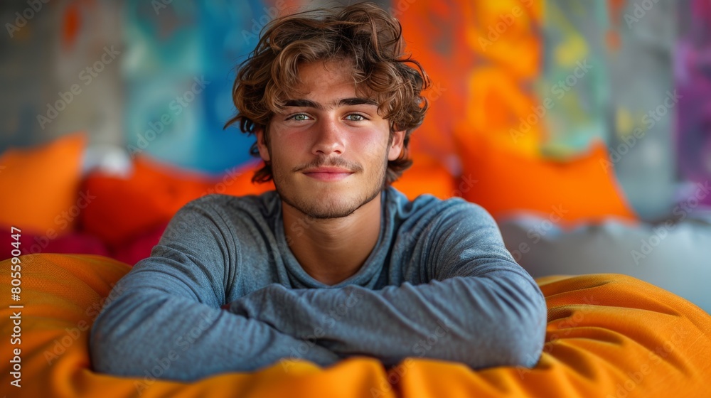 Young Man Sitting on Bean Bag Chair Young Man Sitting on Bean Bag Chair