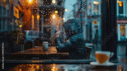 A cozy coffee shop window with warm light spilling out onto a rainy street. A person sits inside with a steaming cup, peering out through the rain-streaked glass