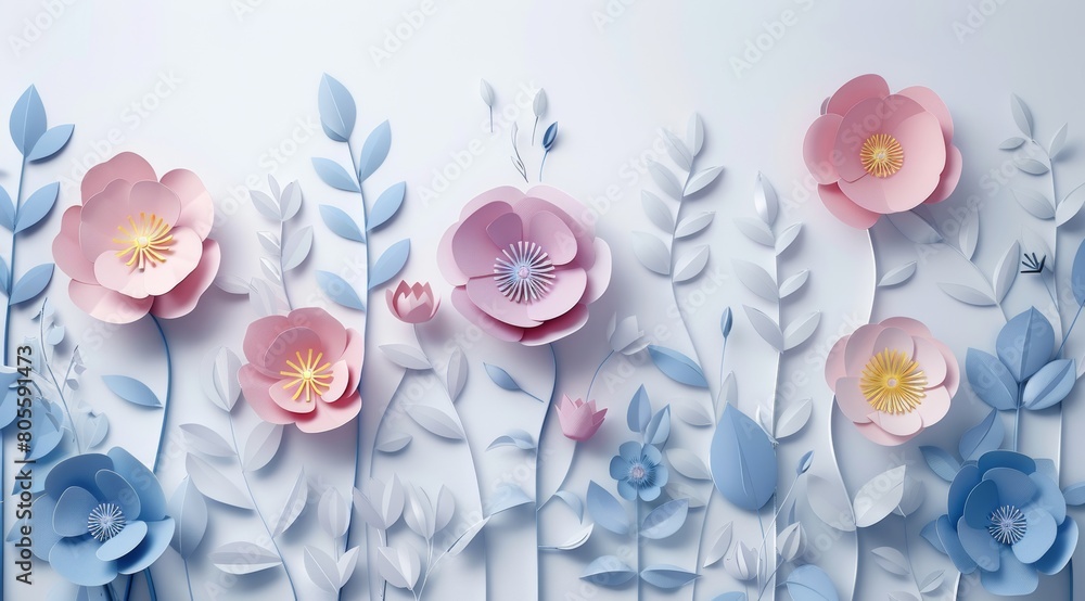 3d paper cut style, pastel color background , flowers around the wordings, white space in center of composition for product display