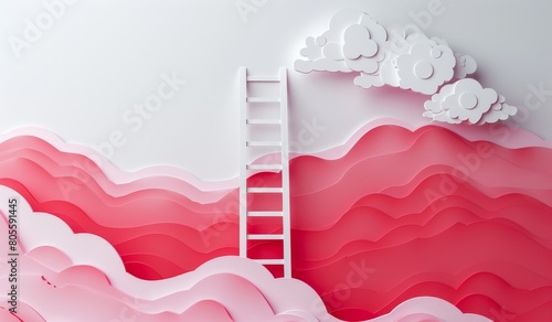 3D paper cut art style ladder leading to clouds in the style of simple background, white and red color palette. photo