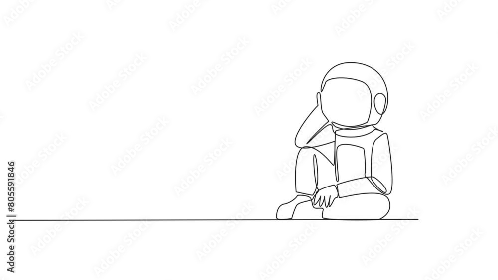 Self drawing animation of continuous line drawing astronaut sitting near piles of work files. Too much work is stressful. Putting off work makes work neglected. Tired. Unhappy. Full length animated Self drawing animation of continuous line drawing astronaut sitting near piles of work files. Too much work is stressful. Putting off work makes work neglected. Tired. Unhappy. Full length animated
