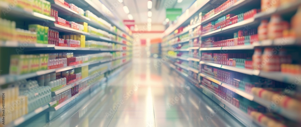 3D render of a supermarket interior with shelves full filled of products and a long empty corridor for carts, blurred background