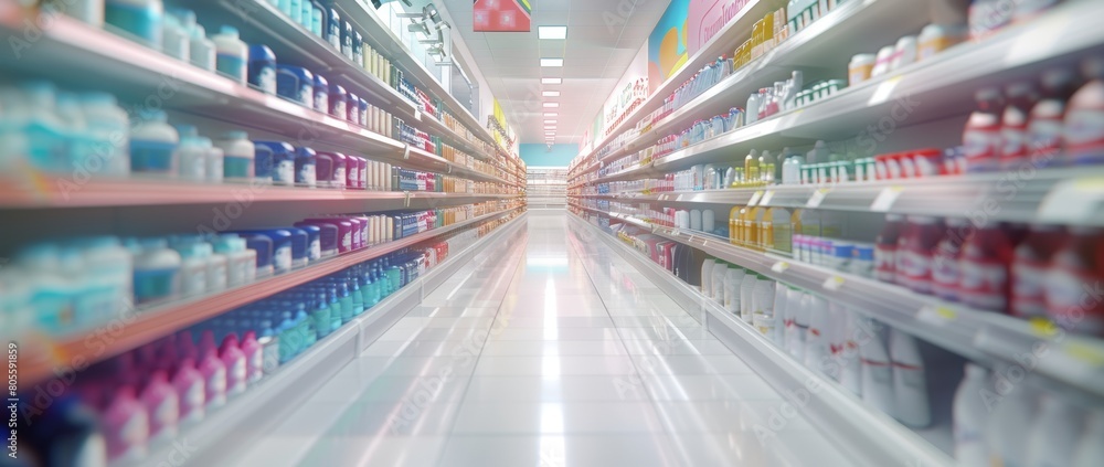 3D render of a supermarket interior with shelves full filled of products and a long empty corridor for carts, blurred background