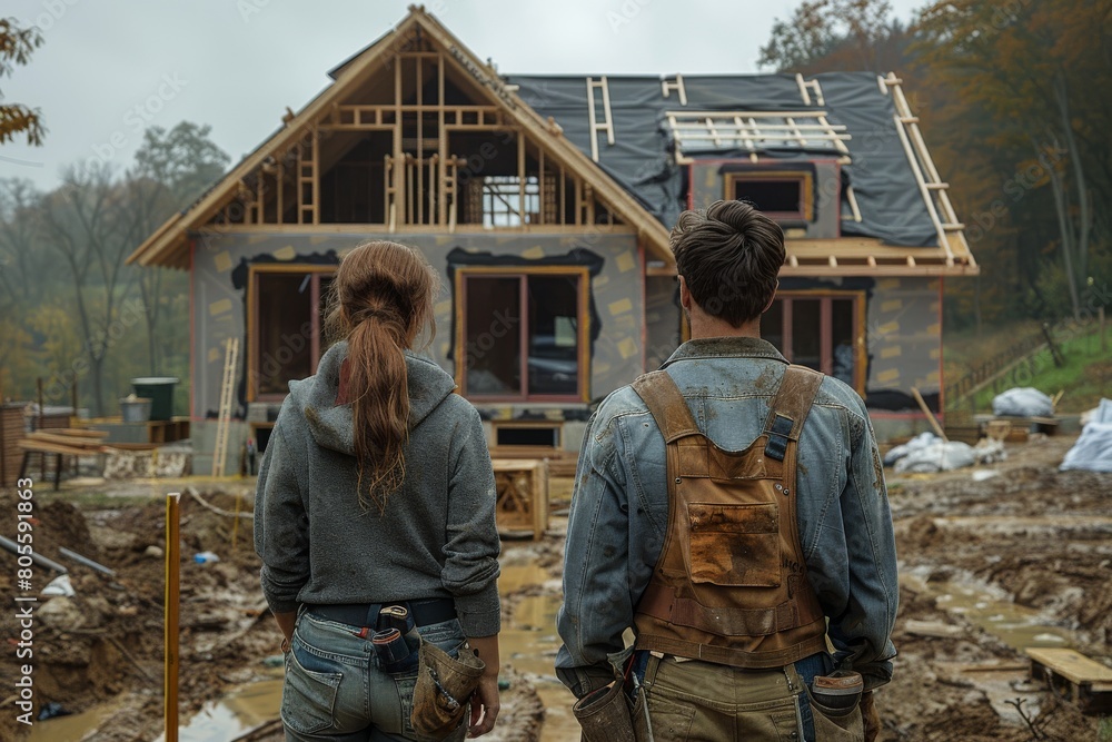 An image capturing a back view of a couple looking at their house under construction amidst a natural setting An image capturing a back view of a couple looking at their house under construction amidst a natural setting