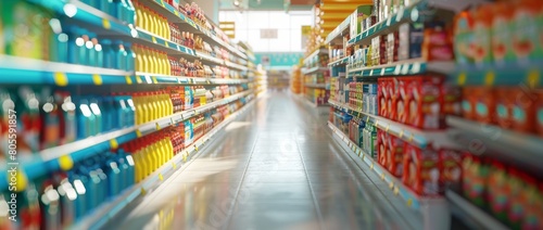 3D render of a supermarket interior with shelves full filled of products and a long empty corridor for carts  blurred background