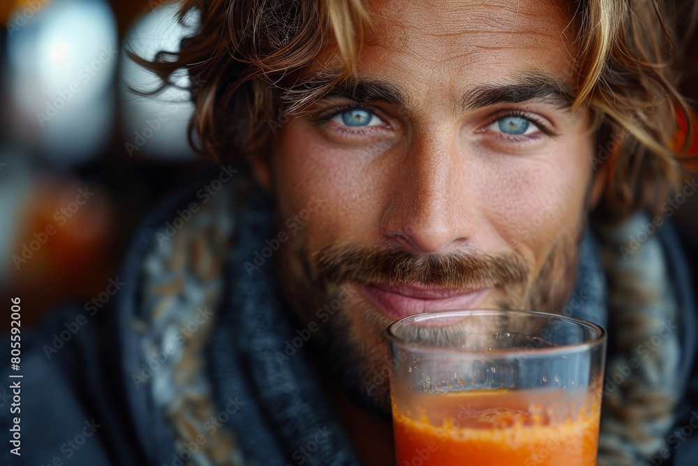 Close-up of an attractive man sipping orange juice, with captivating eyes and a warm scarf Close-up of an attractive man sipping orange juice, with captivating eyes and a warm scarf