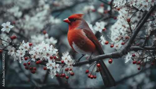 a red bird sitting on a branch of a tree with white flowers and red berries on it s branches generative ai © Charlotte