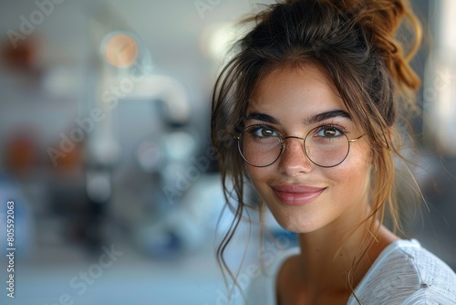 A friendly young woman with glasses smiling in a modern dental clinic environment