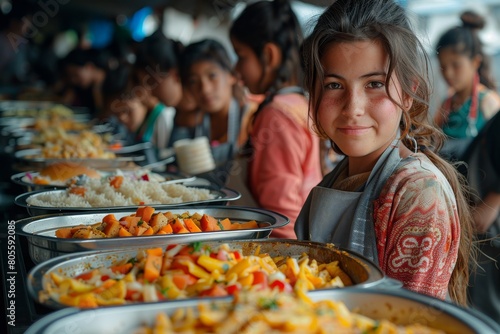 A smiling young girl beside various food options at a buffet, radiating joy