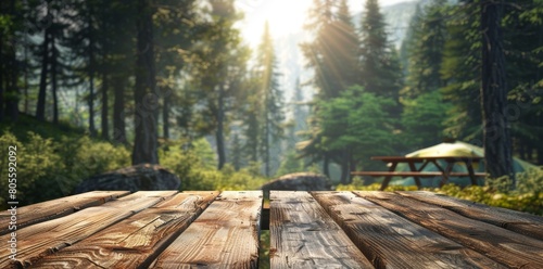 An 3d render of wooden table top with forest camping background