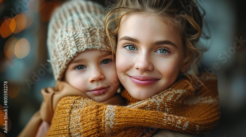 Mother and Daughter Hugging in Front of Christmas Tree