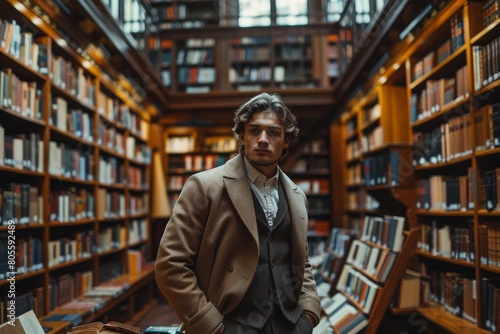 A young man with an intense gaze stands assertively in a library, his expression and style conveying a strong character