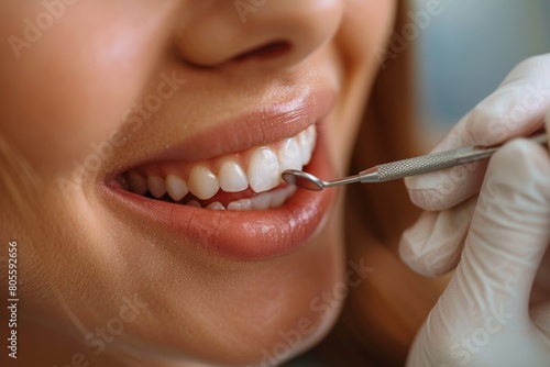 Close-up shot of a dental procedure where a dentist examines a patient s teeth using a dental tool  with focus on the mouth and teeth