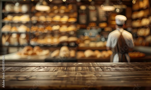 Blurred background of an empty table in the foreground and behind it is out of focus a chef with white hat, apron working at wood workbench making bread inside a bakery shop. © DWN Media