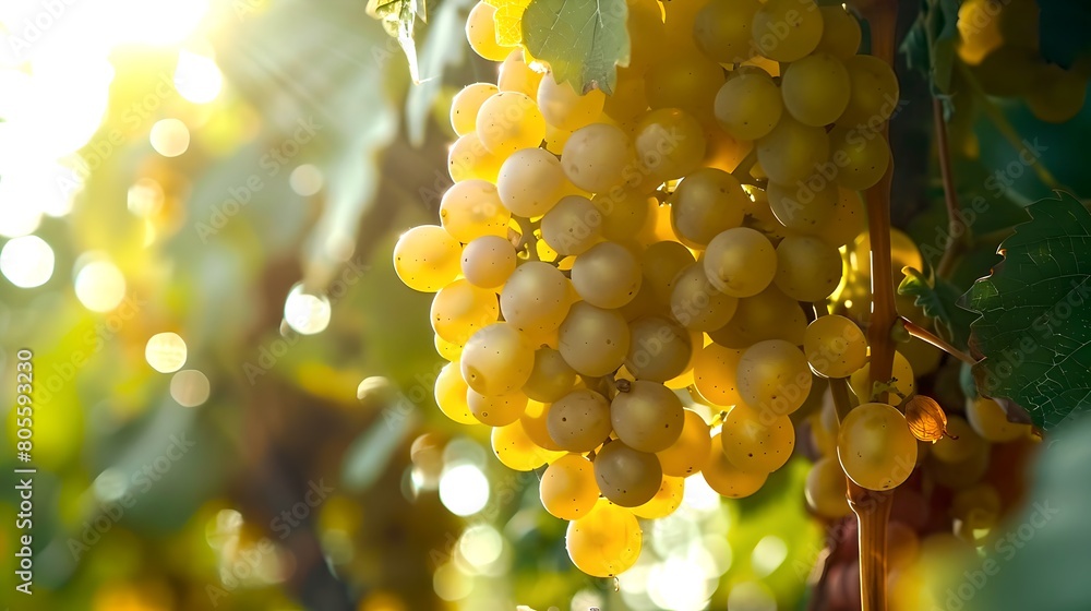 Fototapeta premium Sun-kissed ripe grapes on vine in vineyard, golden hour light. Fresh produce, wine making concept. Vibrant, natural agriculture scene. Ideal for culinary backgrounds. AI