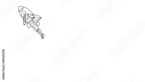 Self drawing animation of single line drawing smart robot flying with rocket. Desire to take the business to the moon. Successful entrepreneur. The great smartest robot. AI tech. Full length animated photo