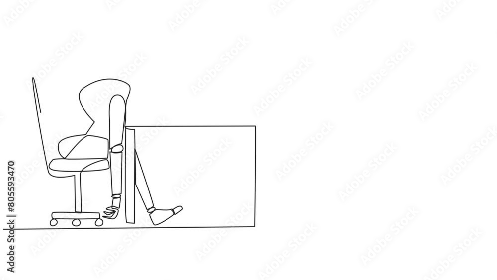 Self drawing animation of single line drawing robot fell asleep in front of laptop computer. Fatigue running business. Mental health problem. Exhausted and bored. Full length animated Self drawing animation of single line drawing robot fell asleep in front of laptop computer. Fatigue running business. Mental health problem. Exhausted and bored. Full length animated