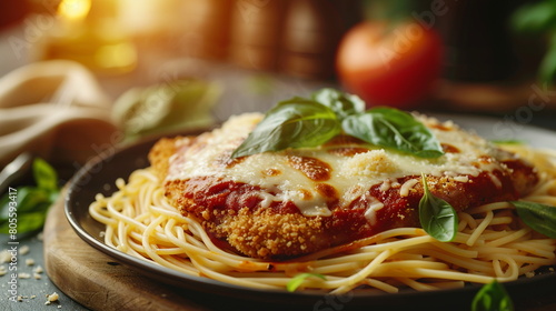Chicken parmesan with marinara sauce and melted mozzarella cheese, served over spaghetti.