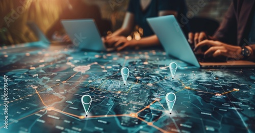 Business team using laptops to work with location pins on a digital map, in the style of big data technology concepts for global networks and connectivity, travel social media marketing.