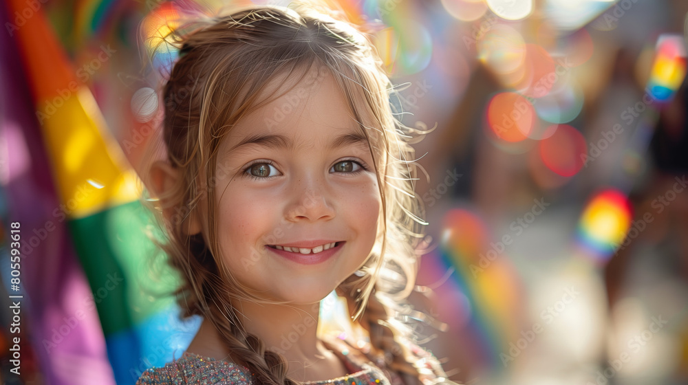 Young girl Joyfully Waves Rainbow Flag at Pride Parade Young girl Joyfully Waves Rainbow Flag at Pride Parade