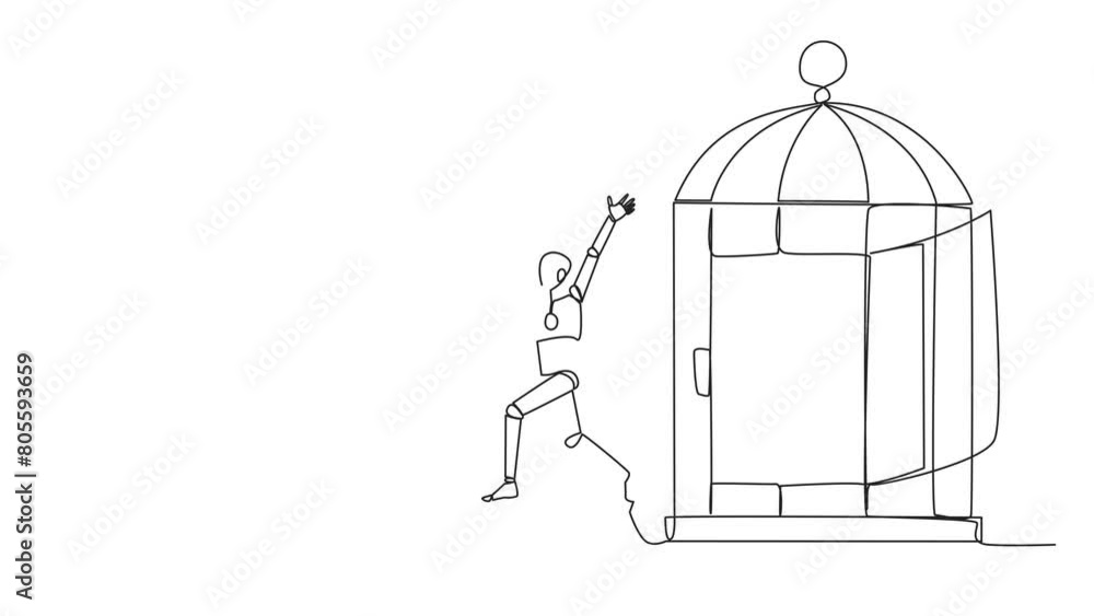 Animation of one line drawing smart robot who was free by colleague from the trap of a cage. Teamwork metaphor. Growing business together. Continuous line self drawing animated. Full length motion Animation of one line drawing smart robot who was free by colleague from the trap of a cage. Teamwork metaphor. Growing business together. Continuous line self drawing animated. Full length motion