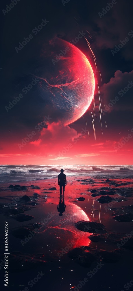 Fototapeta premium Man Standing on Beach Under Red Sky