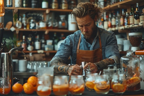 A trendy bartender focused on crafting cocktails in a rustic bar, surrounded by an array of bottles and bar tools photo
