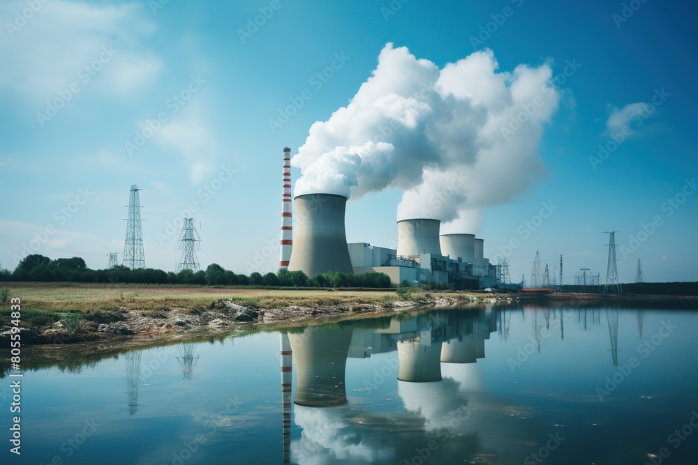 View of nuclear power plant with towers letting out steam from the process View of nuclear power plant with towers letting out steam from the process