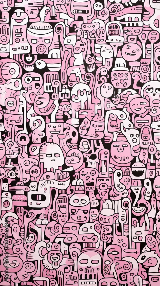 Fototapeta premium Pink and Black Drawing of Multiple Faces