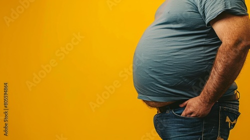 This striking image captures a close-up view of a man holding his large belly, set against a vibrant yellow background, emphasizing health and body image. photo