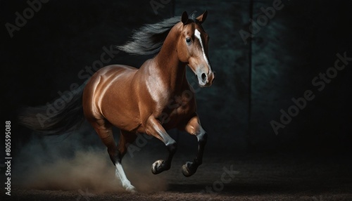 portrait beautiful brown horse run forward in dark background ai generated image