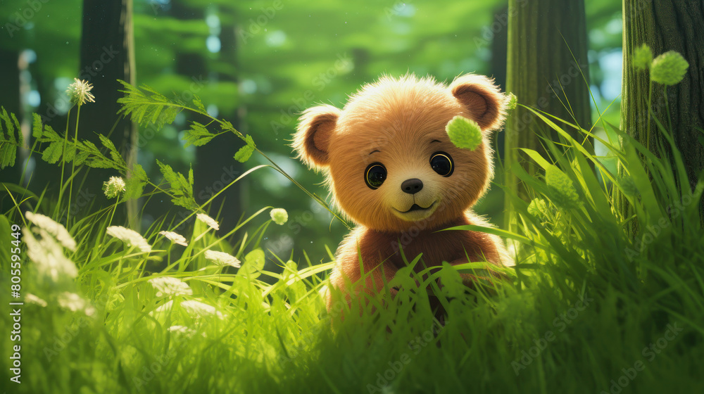 cute anime teddybear in a green forest cute anime teddybear in a green forest