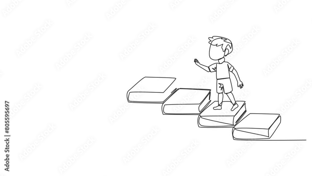 Animation of continuous line drawing boy climbs stairs from books. Reading increases knowledge which can increase the dignity of a better life. Book festival concept. Full length motion Animation of continuous line drawing boy climbs stairs from books. Reading increases knowledge which can increase the dignity of a better life. Book festival concept. Full length motion