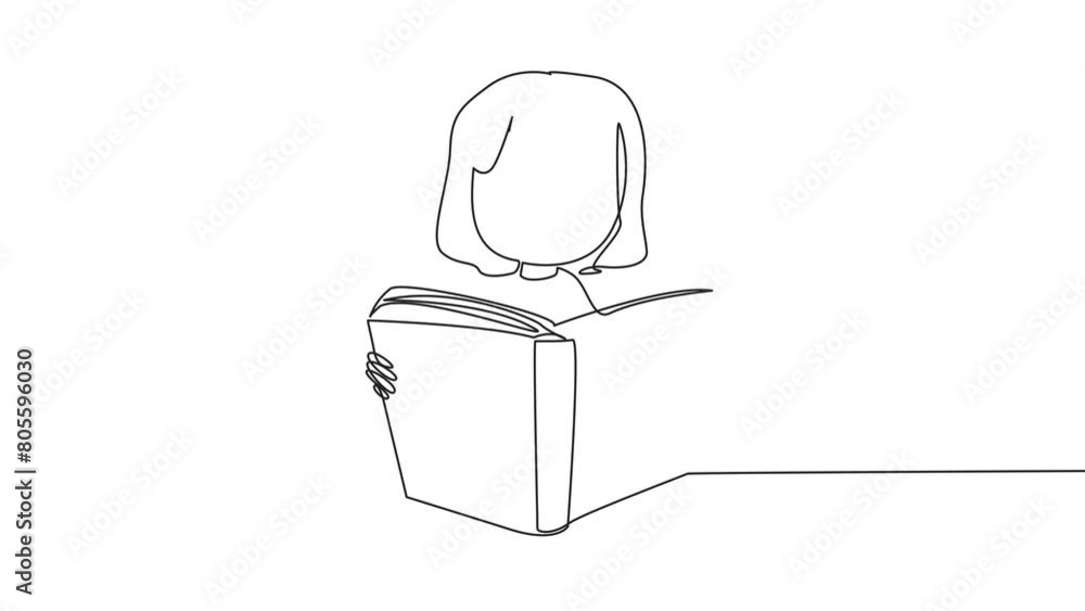 Animation of single continuous line drawing girl sitting reading a book ...