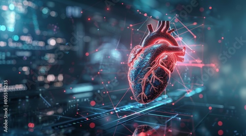 Digital hologram of an anatomical heart floating above the screen, with subtle lines and nodes representing its journey through artificial intelligence technology.