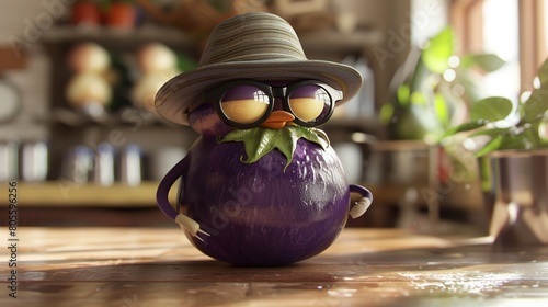 Well Detailed Eggplant in Shades and Trilby Hat, Perfect for Adding Text photo