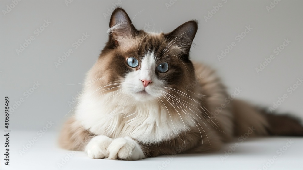 Well Detailed Ragdoll Cat Looking on Plain Background, Perfect for Adding Text