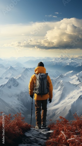 Man in Yellow Jacket Hiking Up Mountain